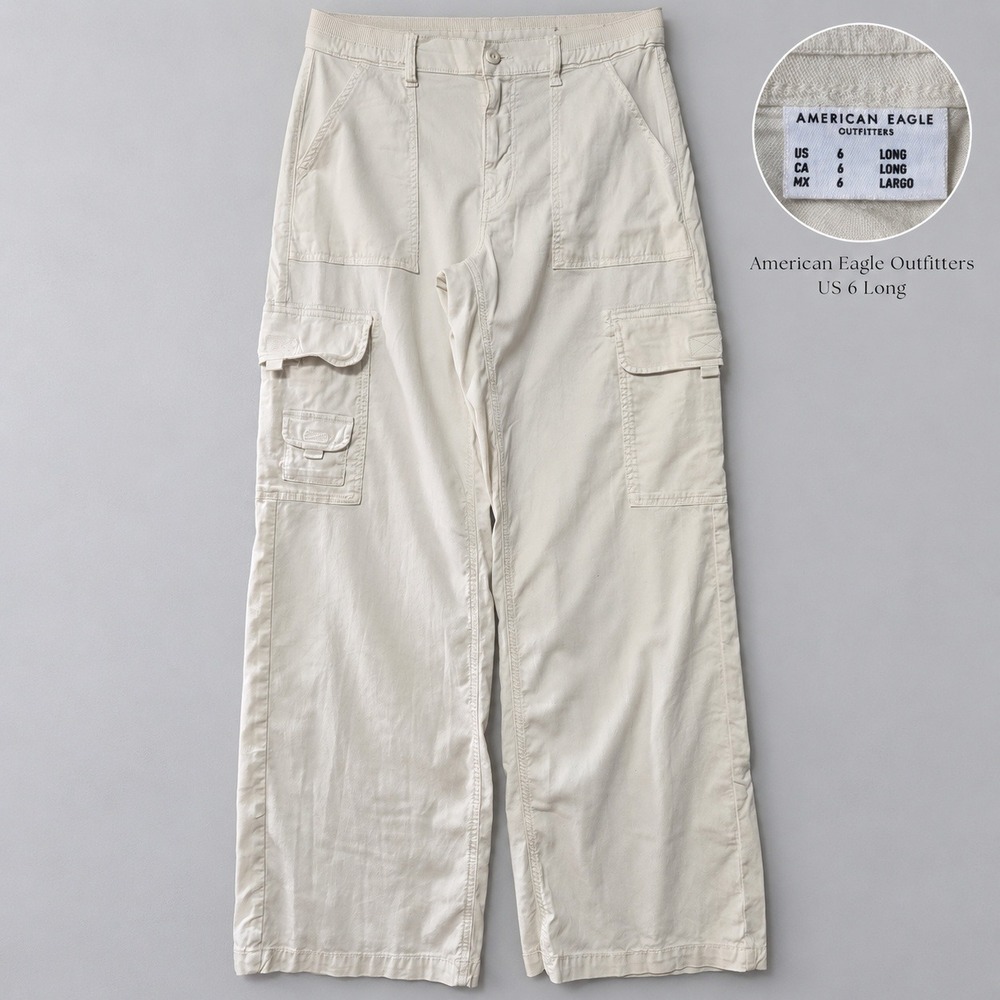 American Eagle Cream Wide Leg Cargo Pants Women 6 Long High Rise Utility Pants